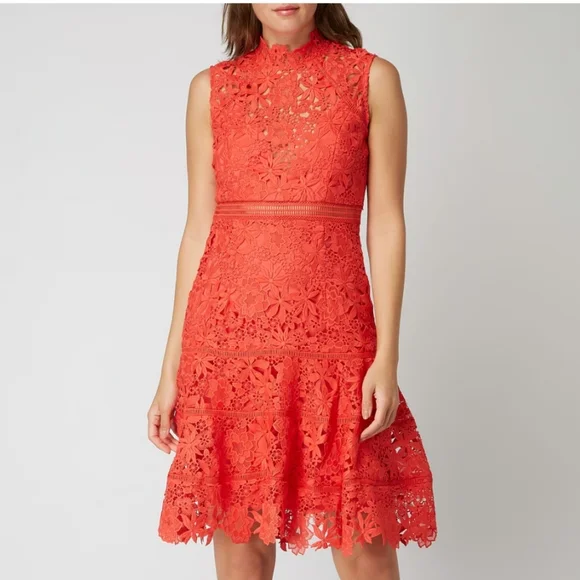 Bardot Elise Crochet Lace Dress in Poppy Red Sleeveless High Neck S/6 - Picture 1 of 15